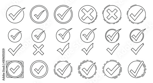 Hand-drawn checkmark and cross icons in various styles.