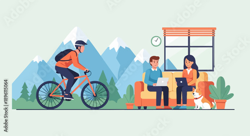 Cyclist rides outdoors while people work indoors with dog