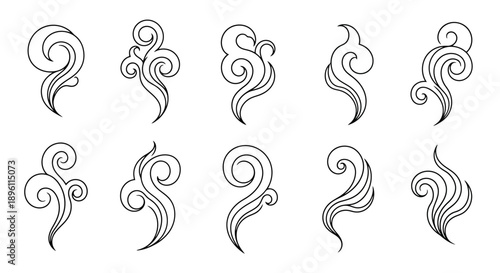 Set of ten hand drawn smoke or steam swirls in a minimalist line art style.