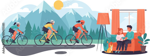 Cyclists pedal past mountains; family relaxes indoors with pet