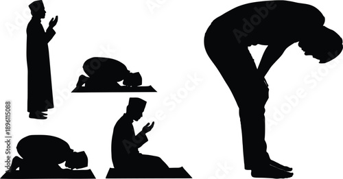 Muslims praying in various postures depicted in a striking silhouette