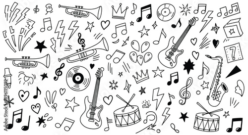 Hand drawn music doodles with instruments and notes.