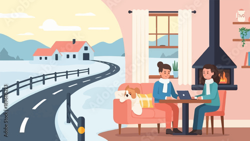 Cozy winter scene with people working indoors and snowy landscape outside