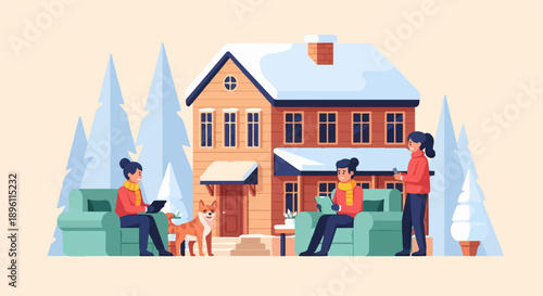 Cozy winter scene with people relaxing on couches near a snow-covered house
