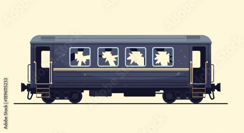 Dark blue train carriage with broken windows and open door