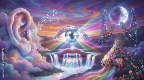 Surreal landscape with abstract elements representing sound and nature  