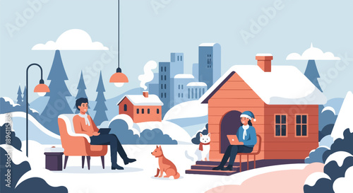 Cozy winter scene with people and pets working remotely near snowy houses