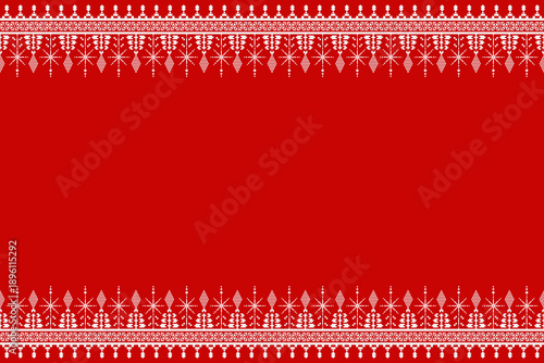 Red and white pixel border bands with star and diamond folk motifs framing a wide open center. Symmetrical geometric trim suited for textile edges, backgrounds, and surface layouts.