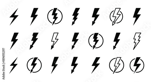 Collection of various lightning bolt icons representing power and electricity.