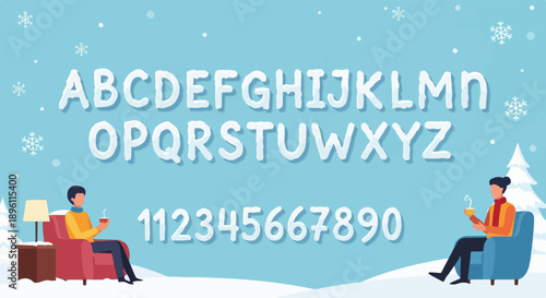 Cozy winter scene with alphabet and numbers in snow