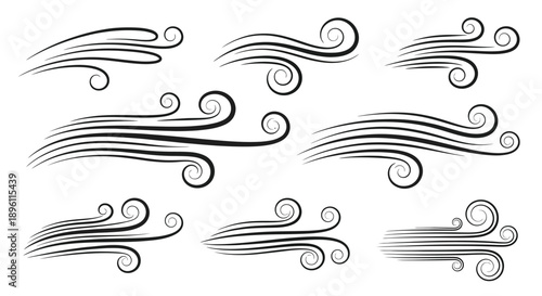 Dynamic Wind Swirls and Airflow Lines Vector Set.