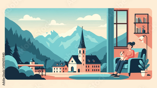 Cozy indoor scene with dog contrasts with a picturesque village and snowy mountains