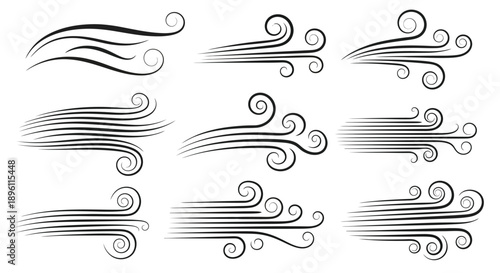 Set of various wind swirl and speed line elements.