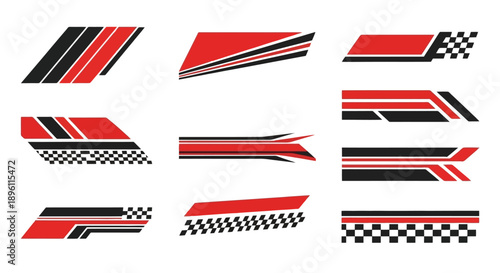Set of racing stripe decals with checkered flag patterns for vehicle customization.