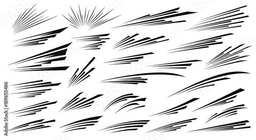 Dynamic speed lines and motion streaks set for graphic design elements.