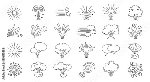 Explosion and Firework Doodle Set Hand Drawn Vector Illustration.