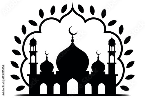 Silhouette of an ornate mosque with crescent moon and minarets framed by decorative plant leaves.