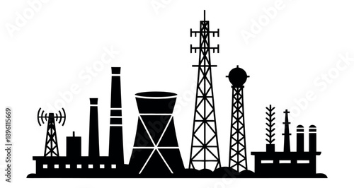 Industrial skyline silhouette showing various factory smokestacks, cooling towers, and communication.