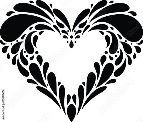 Decorative black floral heart shape with swirling teardrop patterns isolated on white background for romantic wedding or Valentine designs