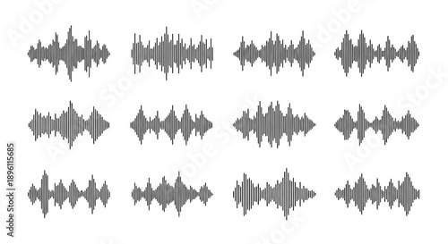 Set of twelve distinct audio sound wave patterns for music and voice visualization.
