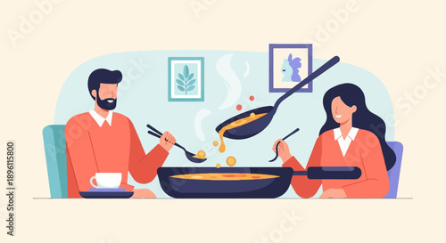 Couple sharing a warm meal with steaming soup in a cozy dining setting