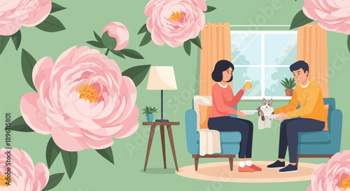 Couple sharing a meal with a cat on a couch, surrounded by pink peonies