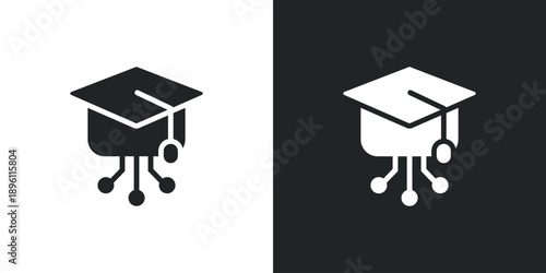 Graduation cap icon with digital circuit lines representing online education and modern electronic learning technology. Solid vector symbol illustration