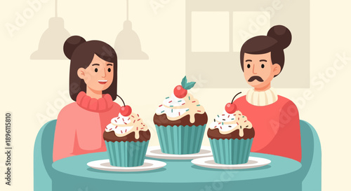 Couple sharing cupcakes at a cafe