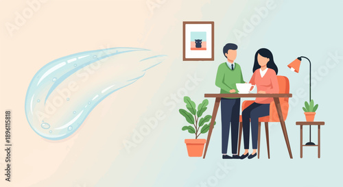 Couple sharing coffee in a cozy room with hygiene gel splash