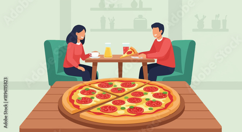 Couple sharing pizza and drinks at a table in a cozy restaurant