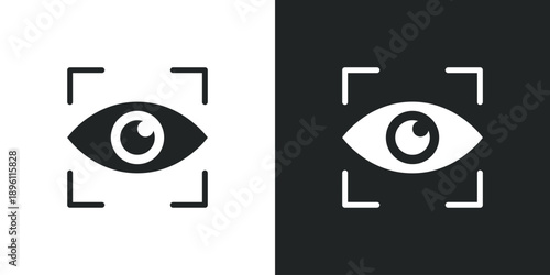 Eye scan icon for biometric security iris recognition and digital vision focus tracking system interface. Solid vector symbol illustration