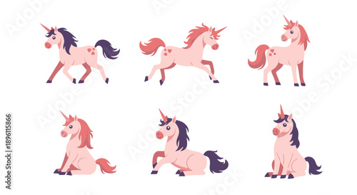 Collection of cartoon unicorns in various dynamic poses and actions on a plain white background from different viewpoints