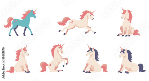 Illustrations of unicorns in various dynamic poses and colors displayed together
