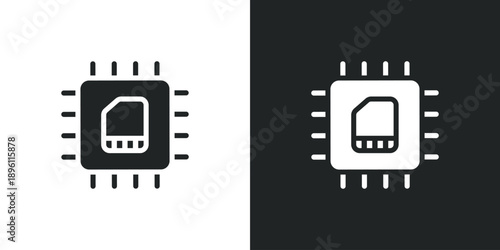 SIM card microchip icon for mobile phone technology and electronic communication hardware device interface. Solid vector symbol illustration