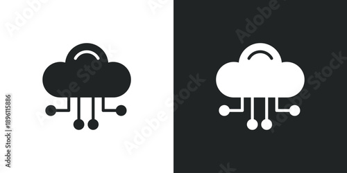 Cloud computing technology icon with circuit board lines representing digital data storage and network. Solid vector symbol illustration