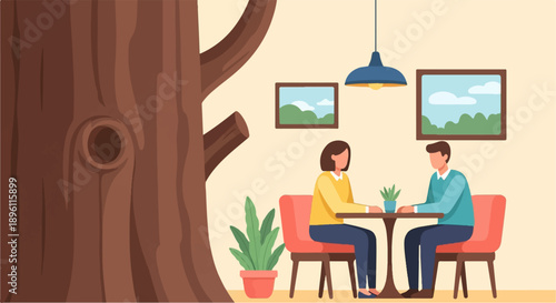 Couple sitting at table near tree with artwork and plant