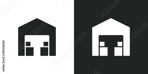Warehouse storage building icon with boxes for logistics distribution and industrial shipping business management. Solid vector symbol illustration