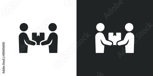 Delivery service icon showing two people exchanging a cardboard box package for shipping logistics. Solid vector symbol illustration