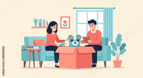 Couple unboxing a teddy bear in a cozy living room
