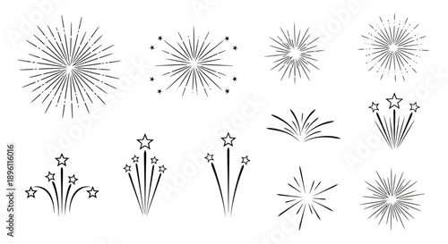 Set of various fireworks and starbursts for celebration and festive occasions.