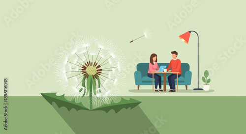 Couple uses laptop together by a large dandelion in a tranquil home setting