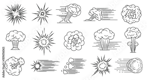 Explosion and blast effects, set of hand-drawn comic book style illustrations.