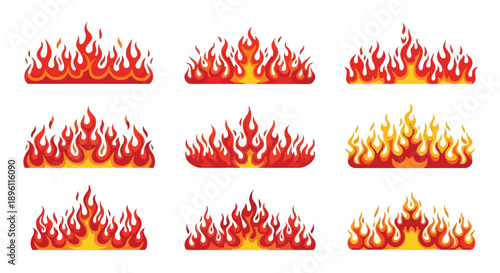 Set of nine stylized fire flames in various shapes and intensities.