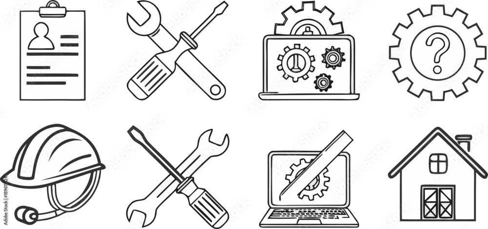 Obraz premium A collection of repair and maintenance icons, all rendered in a simple, clean, and minimalistic line art style, with a transparent background. The icons are consistently black and white, devoid of col