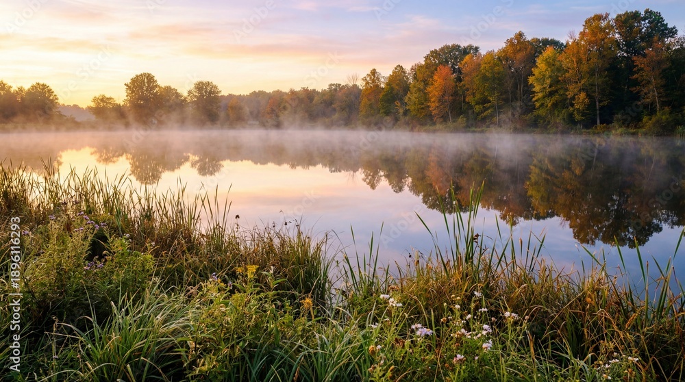 Obraz premium Serene misty pond at autumn dawn with colorful tree reflections in calm water. Peaceful wetland landscape featuring reeds and foliage. Nature exploration and environmental tranquility concept.
