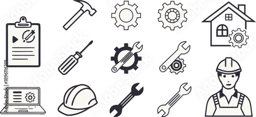A collection of repair and maintenance icons, all rendered in a simple, clean, and minimalistic line art style, with a transparent background. The icons are consistently black and white, devoid of col