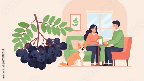 Couple with dog and berries enjoys a relaxing indoor moment