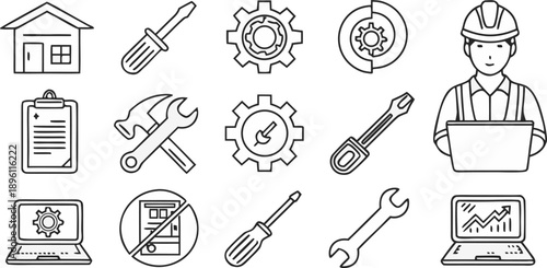 A collection of repair and maintenance icons, all rendered in a simple, clean, and minimalistic line art style, with a transparent background. The icons are consistently black and white, devoid of col