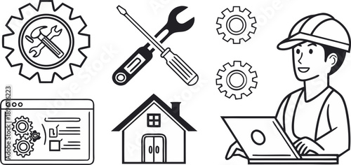 A collection of repair and maintenance icons, all rendered in a simple, clean, and minimalistic line art style, with a transparent background. The icons are consistently black and white, devoid of col