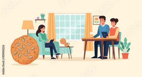 Cozy indoor scene with people and a large cookie